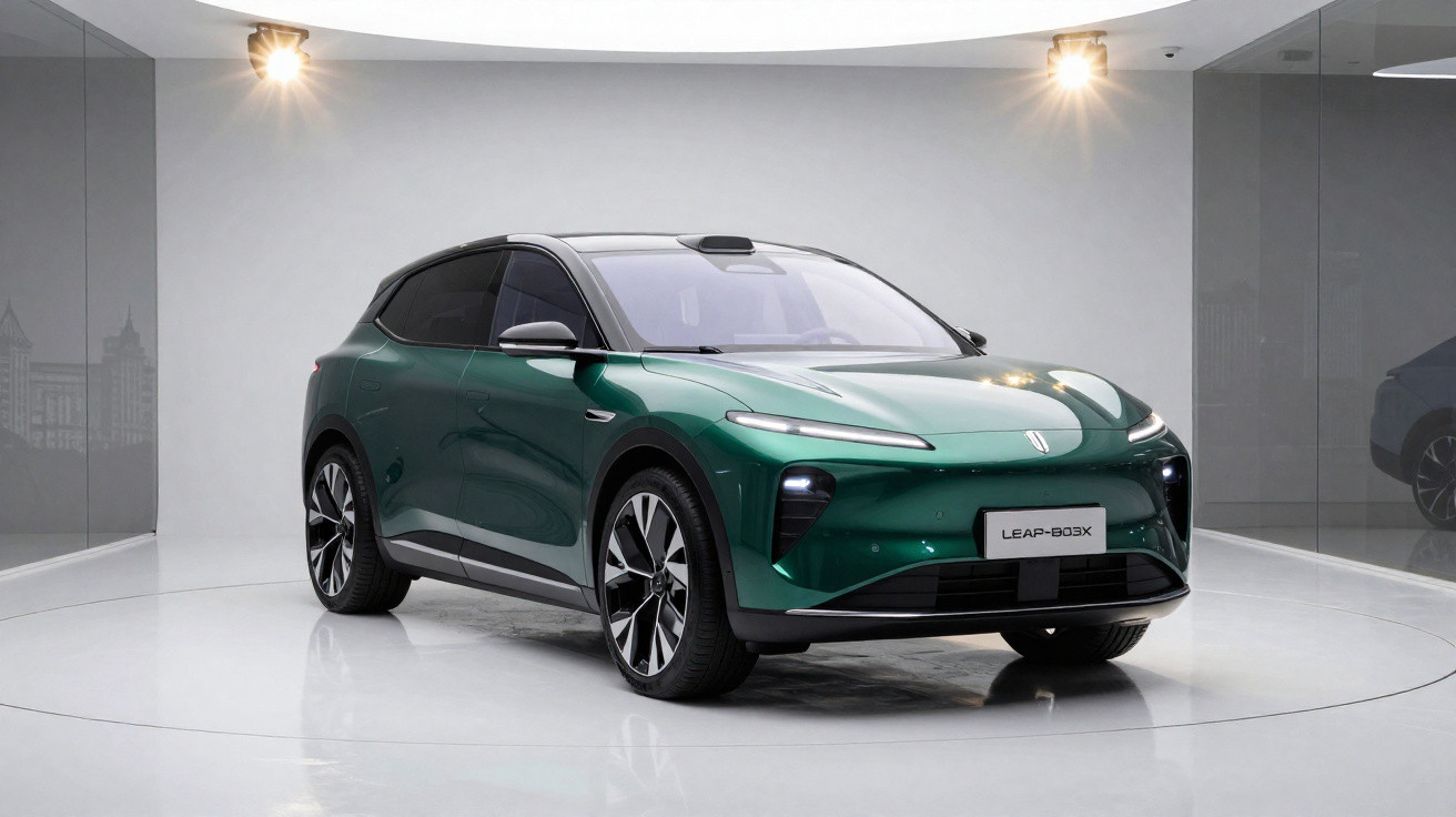 Carro elétrico verde modelo Leap-03X em exposição em ambiente interno minimalista e iluminado.