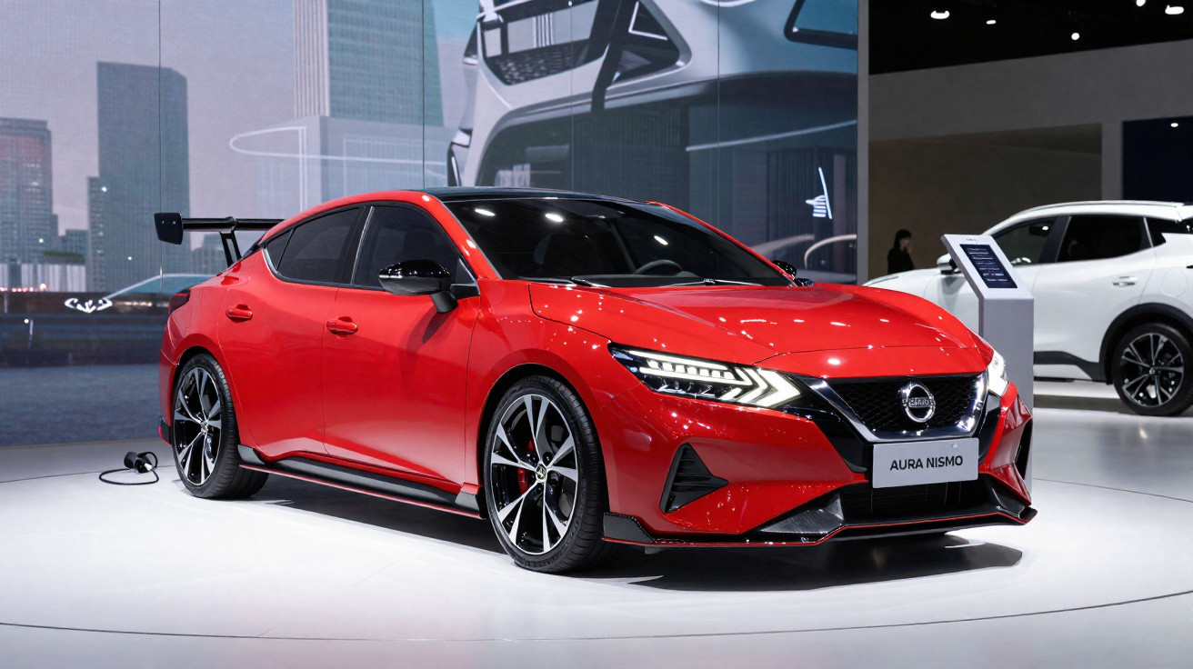 Carro esportivo vermelho Nissan Aura Nismo exposto em salão automotivo moderno.