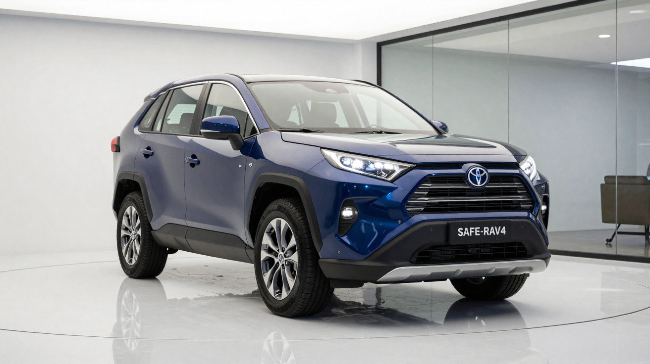 Carro SUV azul Toyota RAV4 estacionado em ambiente interno moderno com luz branca.