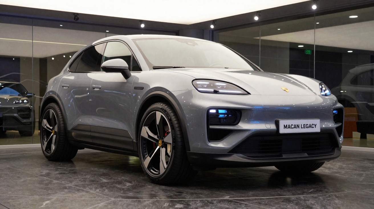 Carro cinza Porsche Macan Legacy em exposição em ambiente interno com piso escuro e paredes espelhadas.