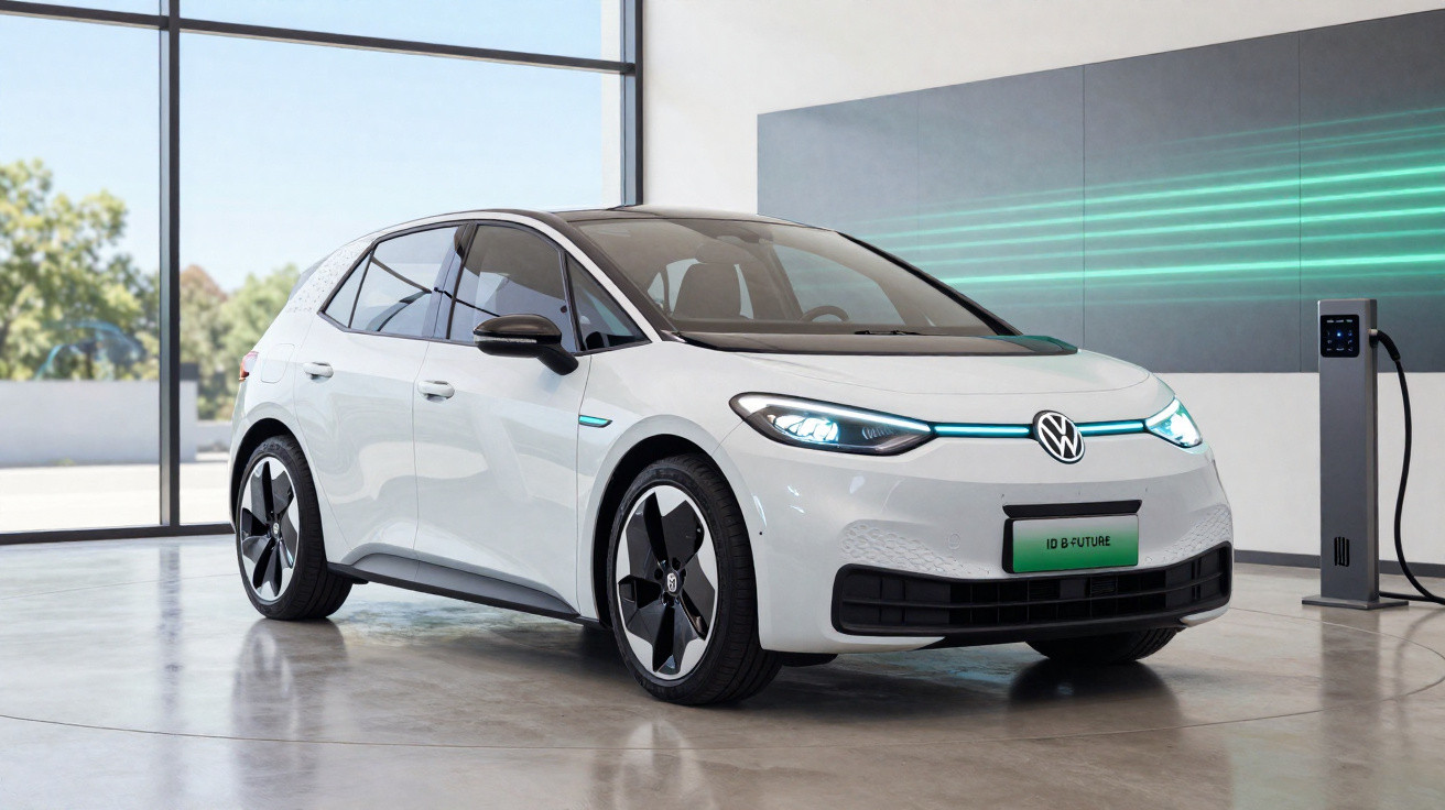 Carro elétrico branco Volkswagen ID.3 parado em ambiente interno com estação de recarga ao lado.