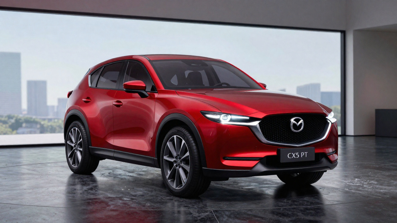 Carro Mazda CX5 vermelho estacionado em ambiente moderno com piso brilhante e parede de vidro.