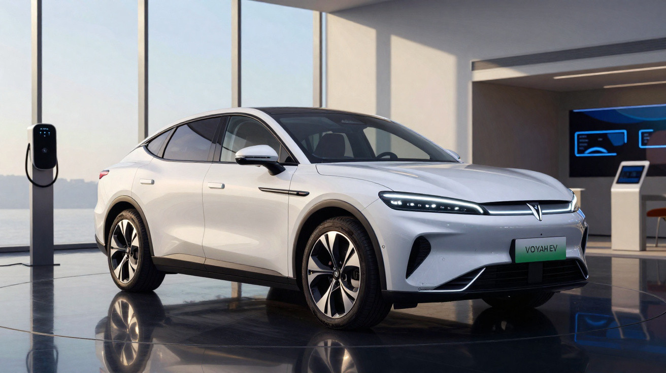 Carro elétrico branco estacionado em área interna moderna com carregador elétrico ao fundo e piso refletivo.