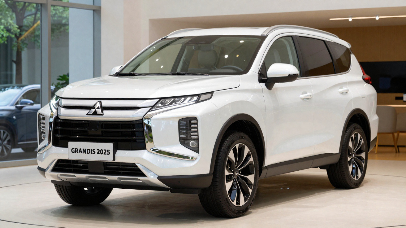 SUV Mitsubishi Grandis 2025 branco exibido em showroom moderno com grande janela ao fundo.