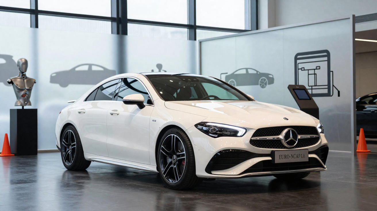 Carro branco Mercedes-Benz esportivo em exposição dentro de showroom moderno.