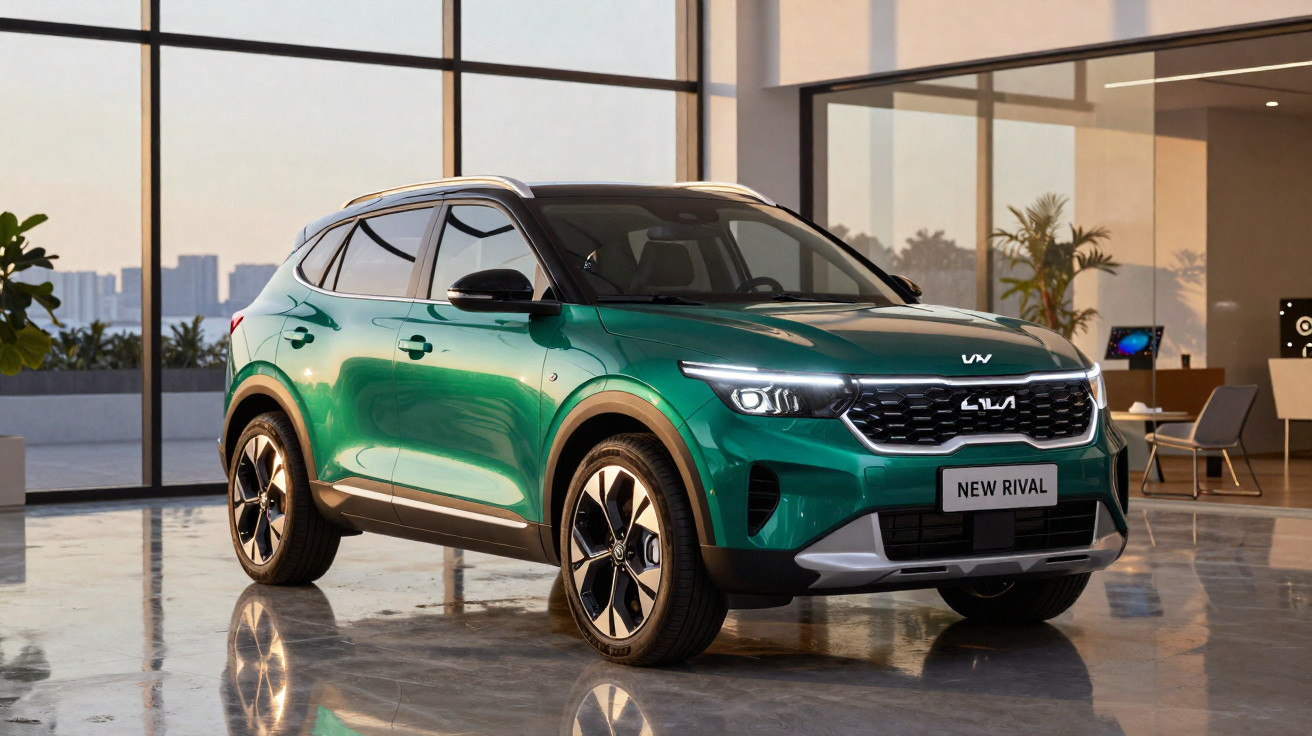 SUV verde metálico New Rival estacionado em ambiente moderno com grandes janelas e iluminação natural.