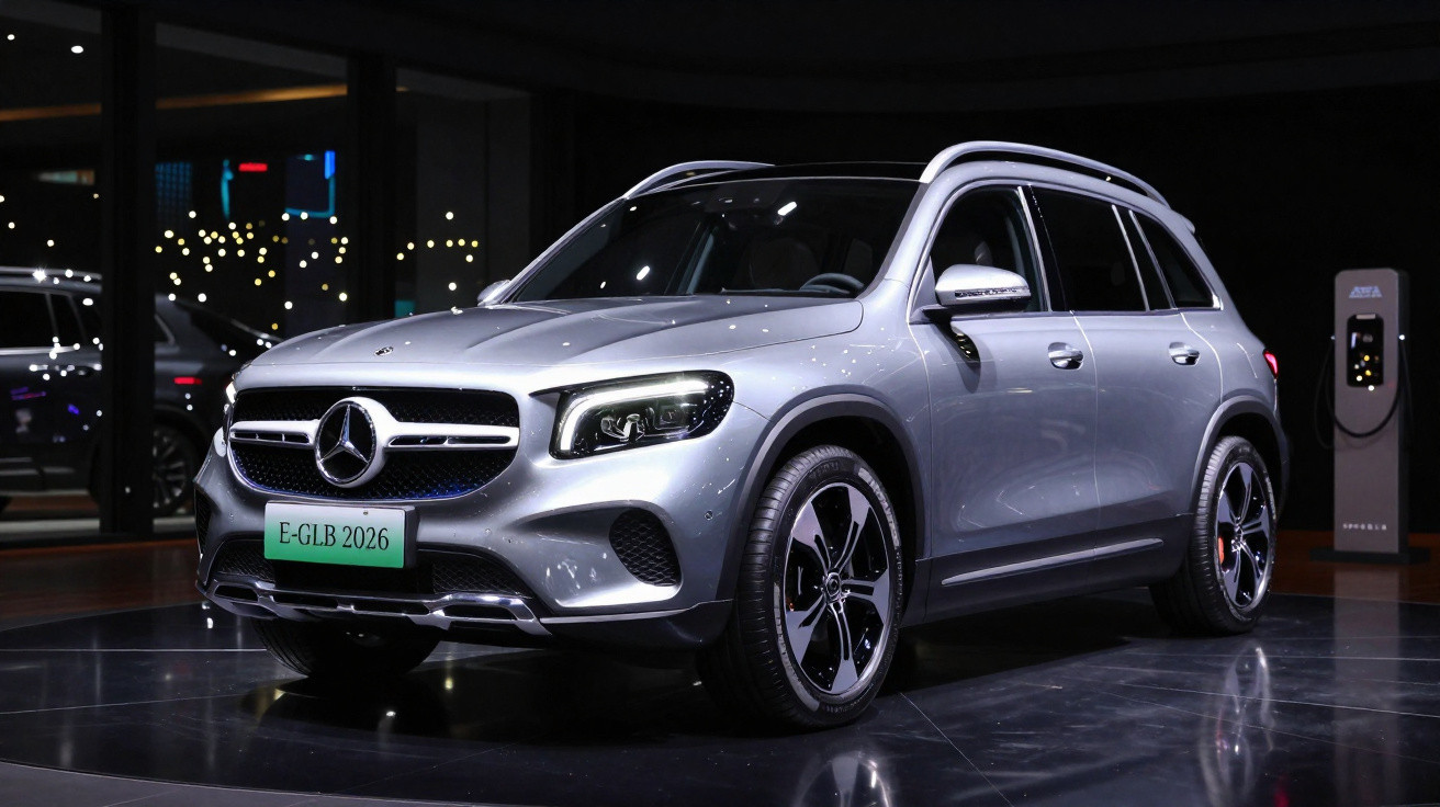 Veículo SUV elétrico prata Mercedes-Benz E-GLB 2026 exibido em ambiente interno moderno.