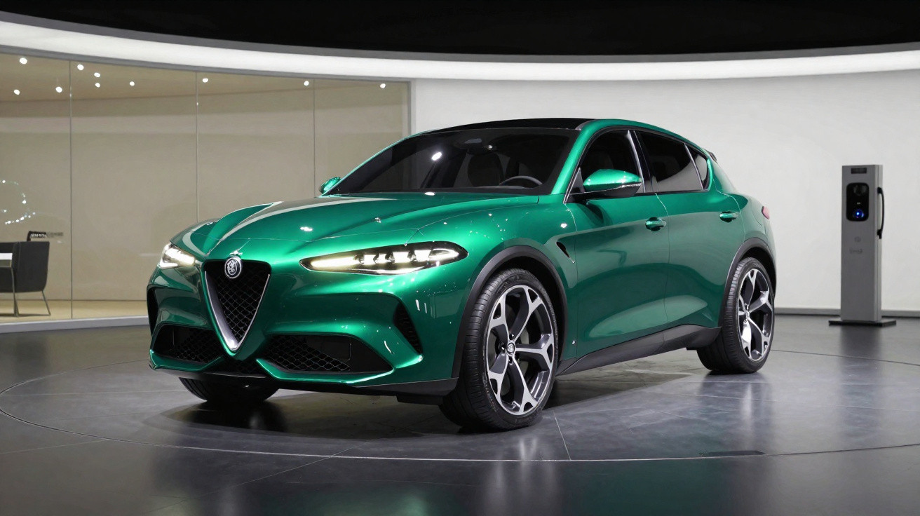 Carro elétrico verde Alfa Romeo Tonale estacionado em showroom moderno com carregador elétrico ao fundo.