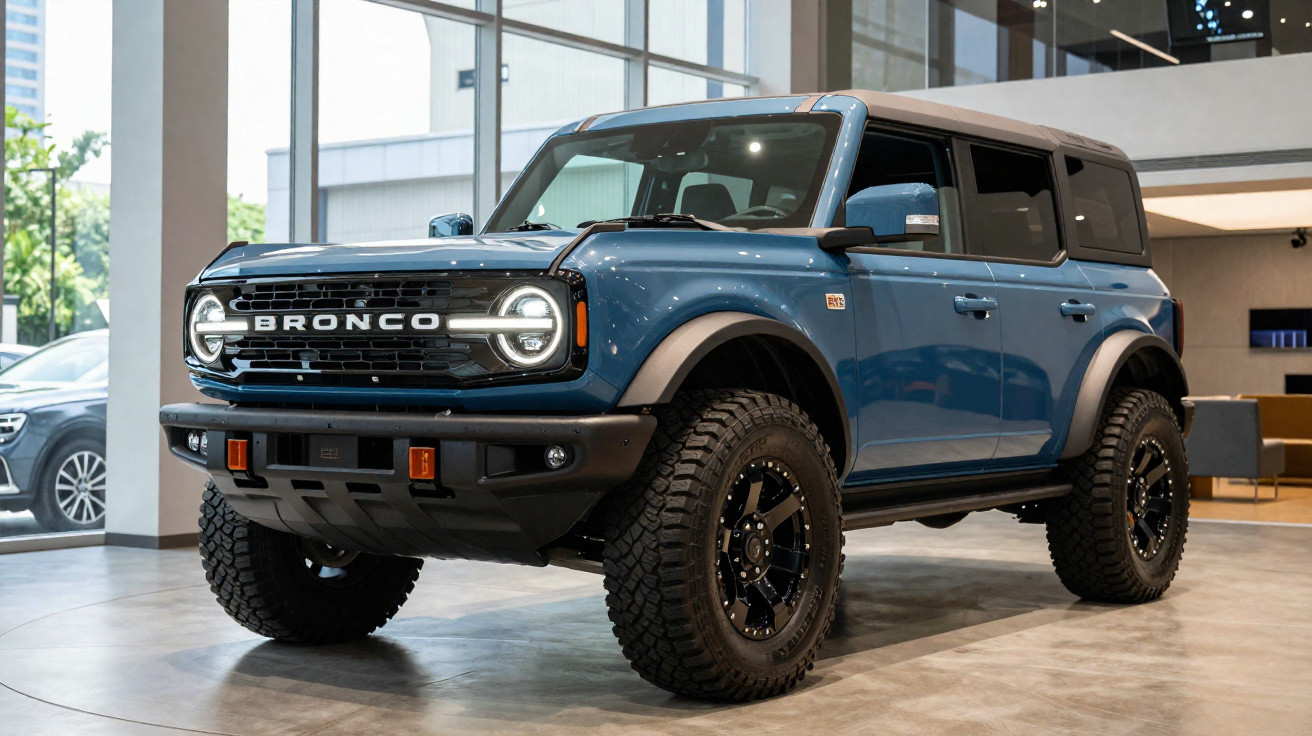 Carro SUV Ford Bronco azul estacionado em salão moderno com pneus grandes e faróis acesos.