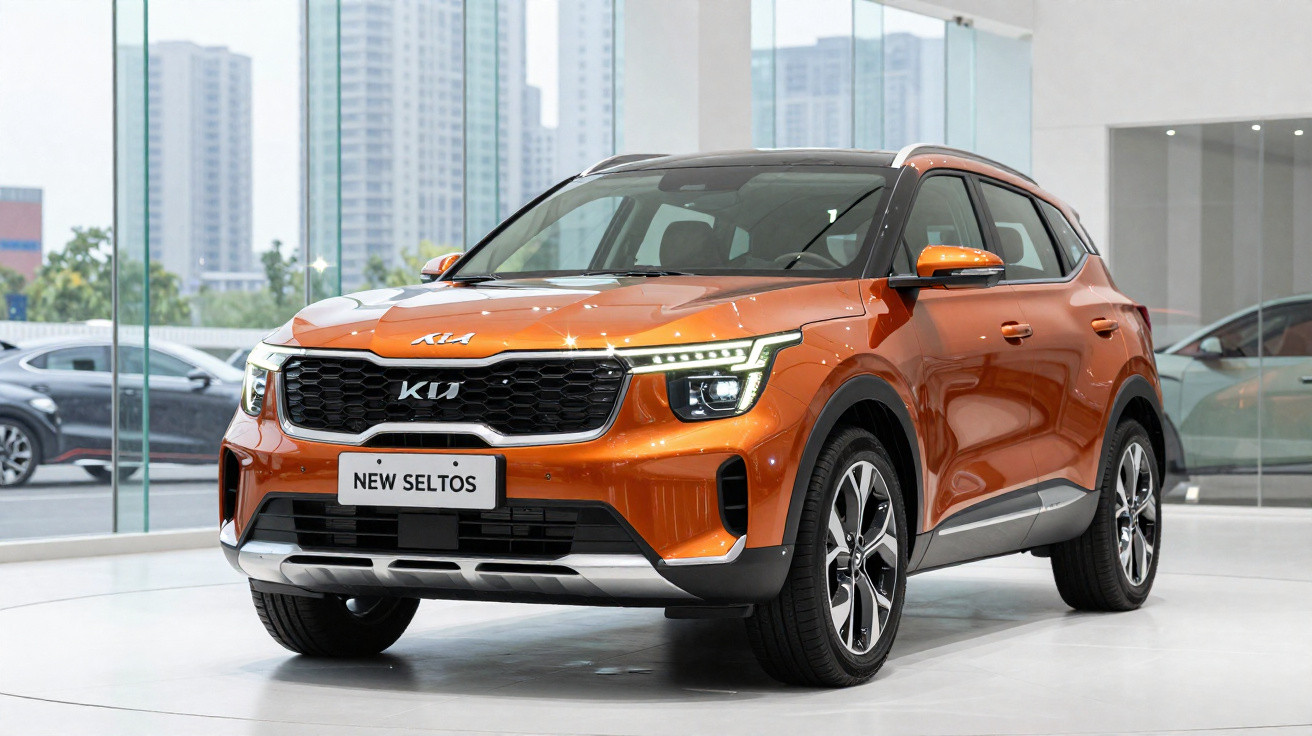 SUV Kia New Seltos laranja, exibido em showroom com fundo de prédios e carros.