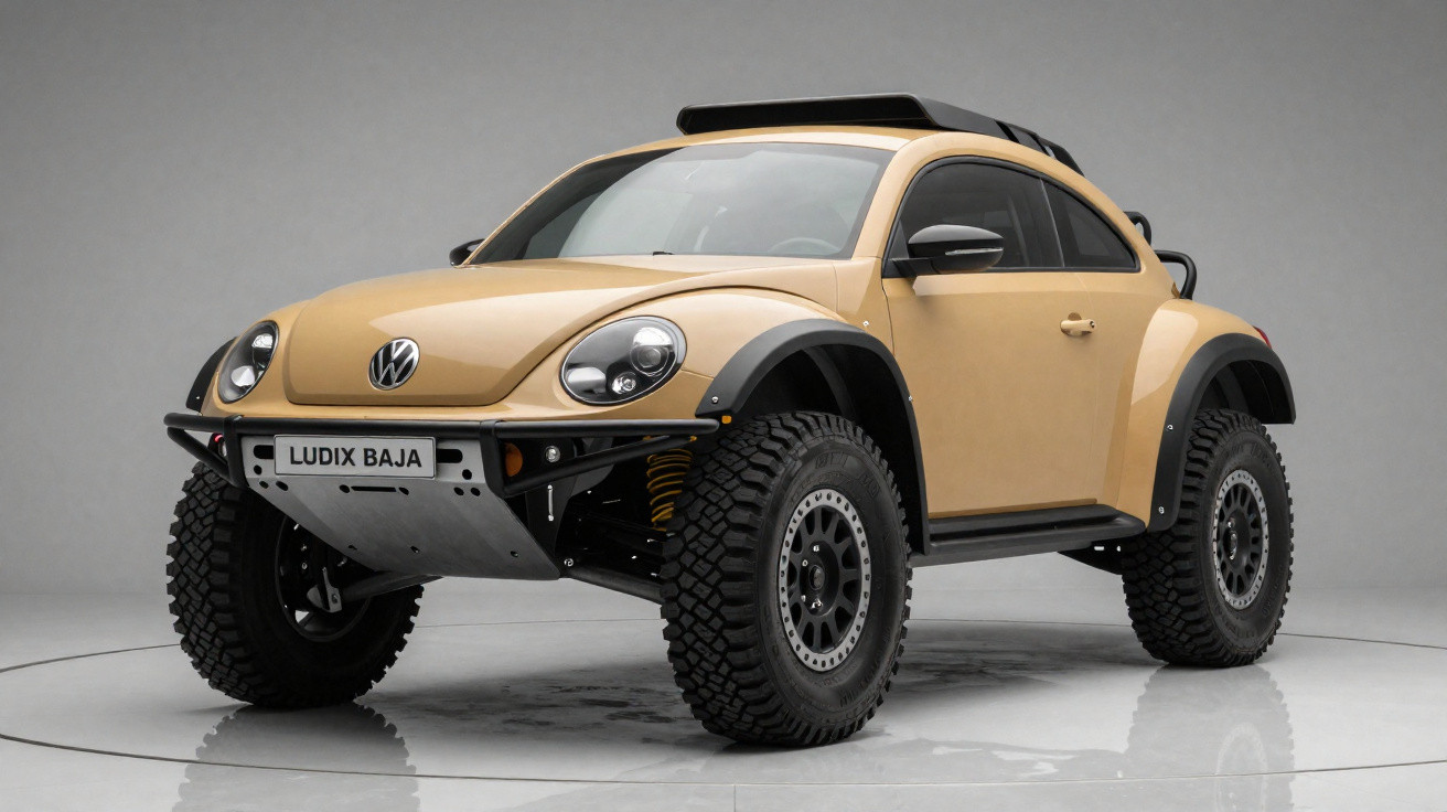 Carro Volkswagen Fusca modificado para rally off-road, cor bege, pneus grandes e detalhes pretos.