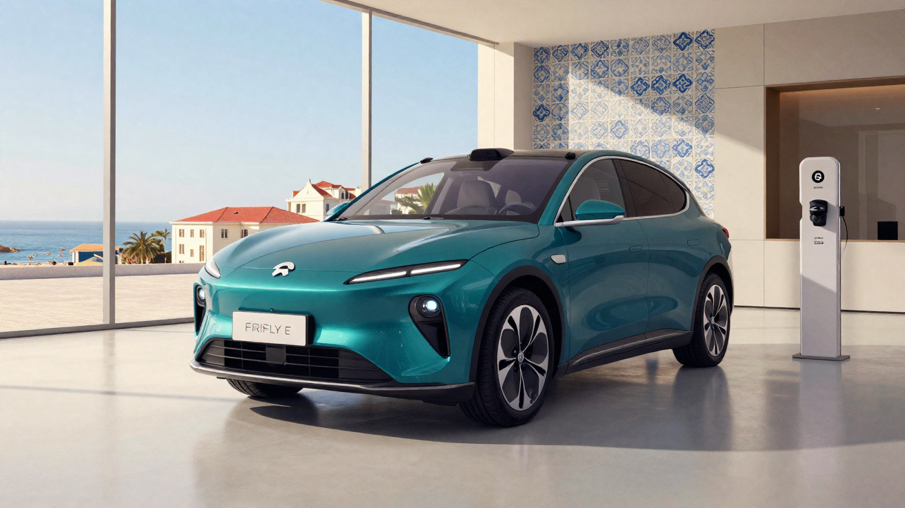 Carro elétrico azul estacionado em ambiente moderno com parede de azulejos e estação de recarga.