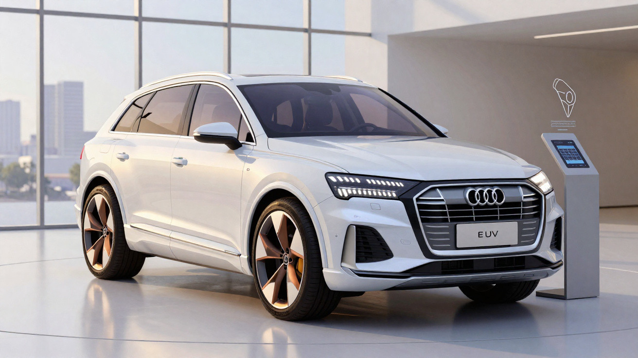 Carro elétrico Audi SUV branco estacionado em showroom moderno com pedestal de informações digitais ao lado.