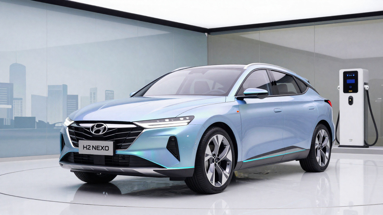 Carro elétrico Hyundai H2 Nexo azul estacionado em ambiente moderno com estação de recarga ao fundo.