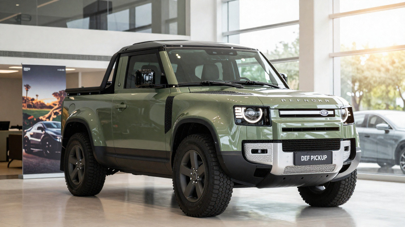 Picape Land Rover Defender verde exposta em showroom com janelas amplas ao fundo.