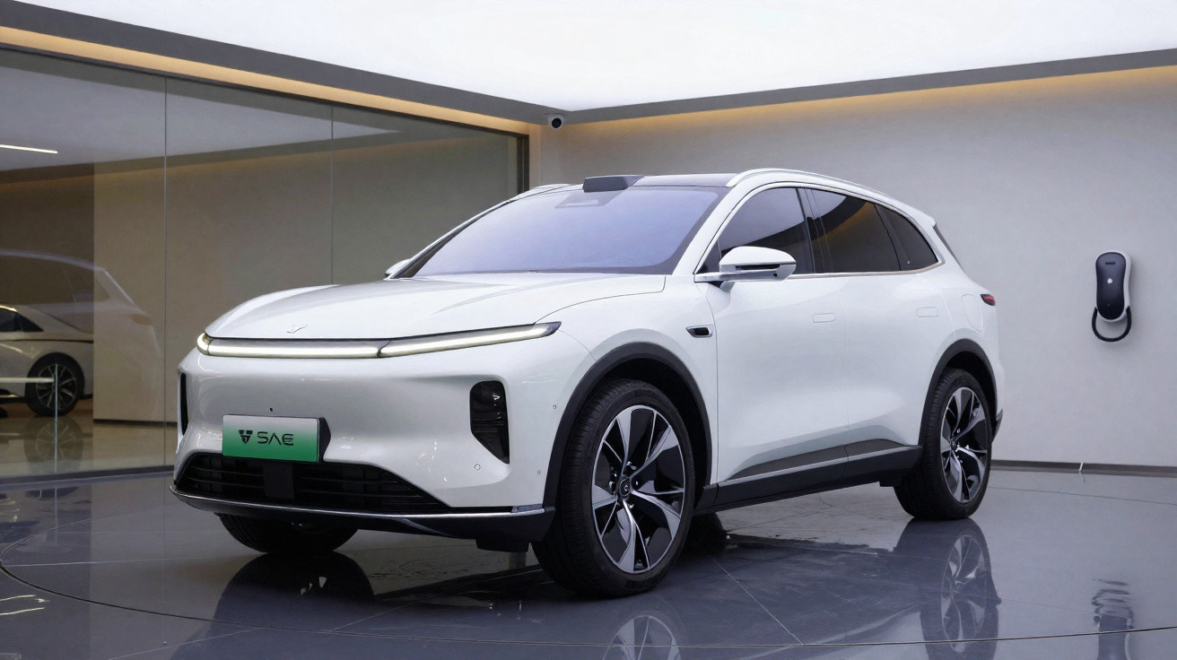 Carro elétrico branco SUV estacionado em showroom com carregador na parede cinza.