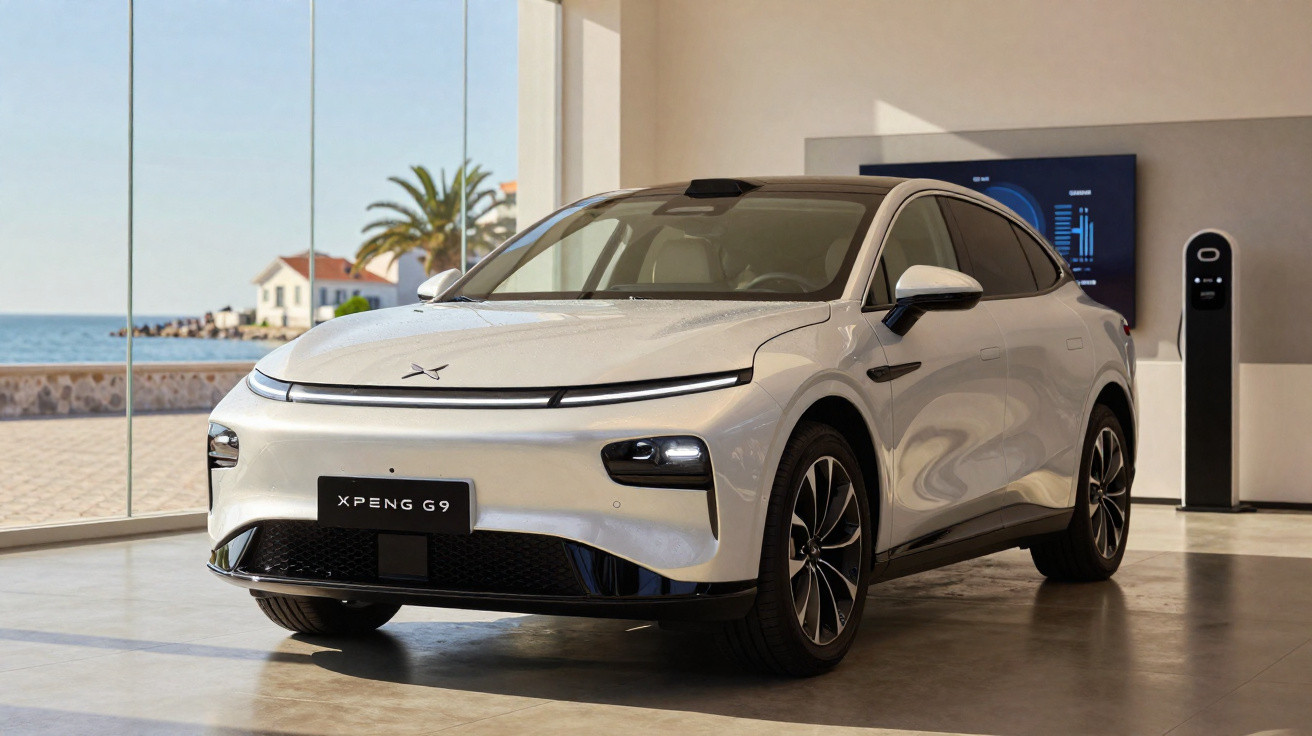 Carro elétrico branco XPeng G9 em exposição interna com vista para o mar ao fundo.