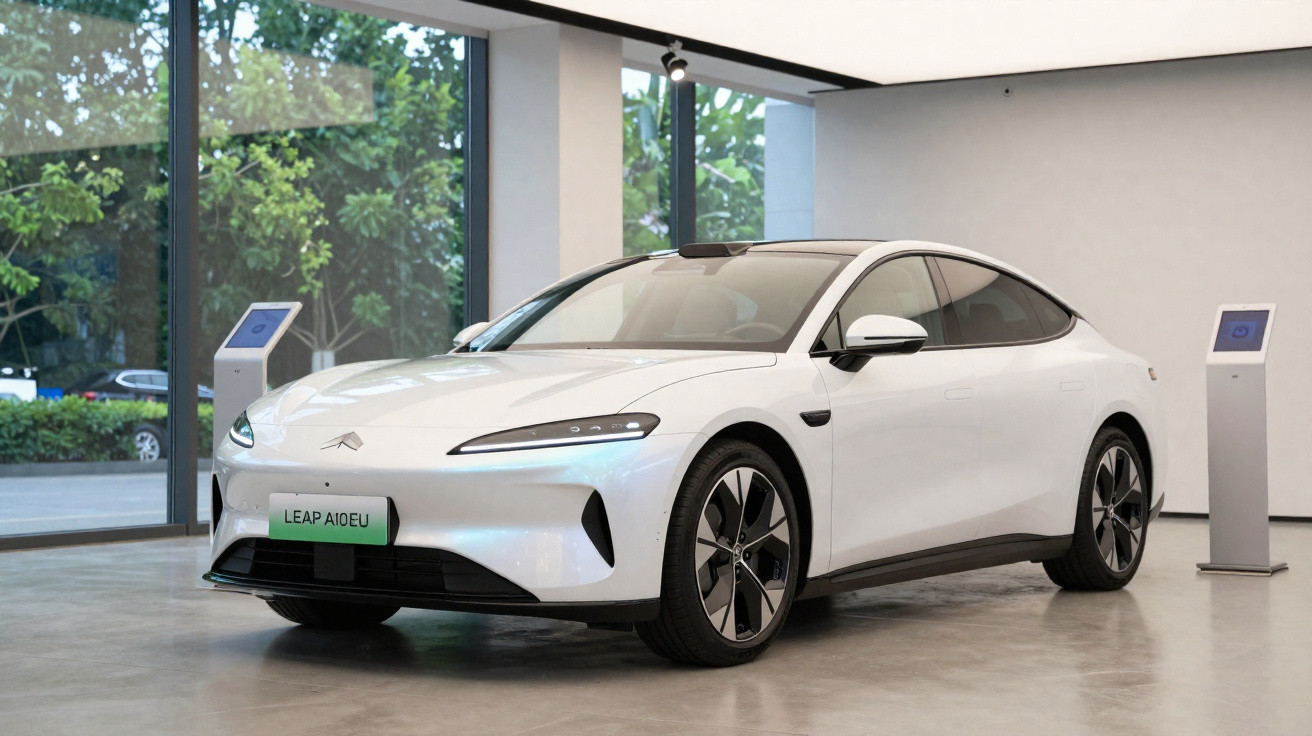 Carro elétrico branco moderno estacionado em showroom com grandes janelas e chão de cimento polido.
