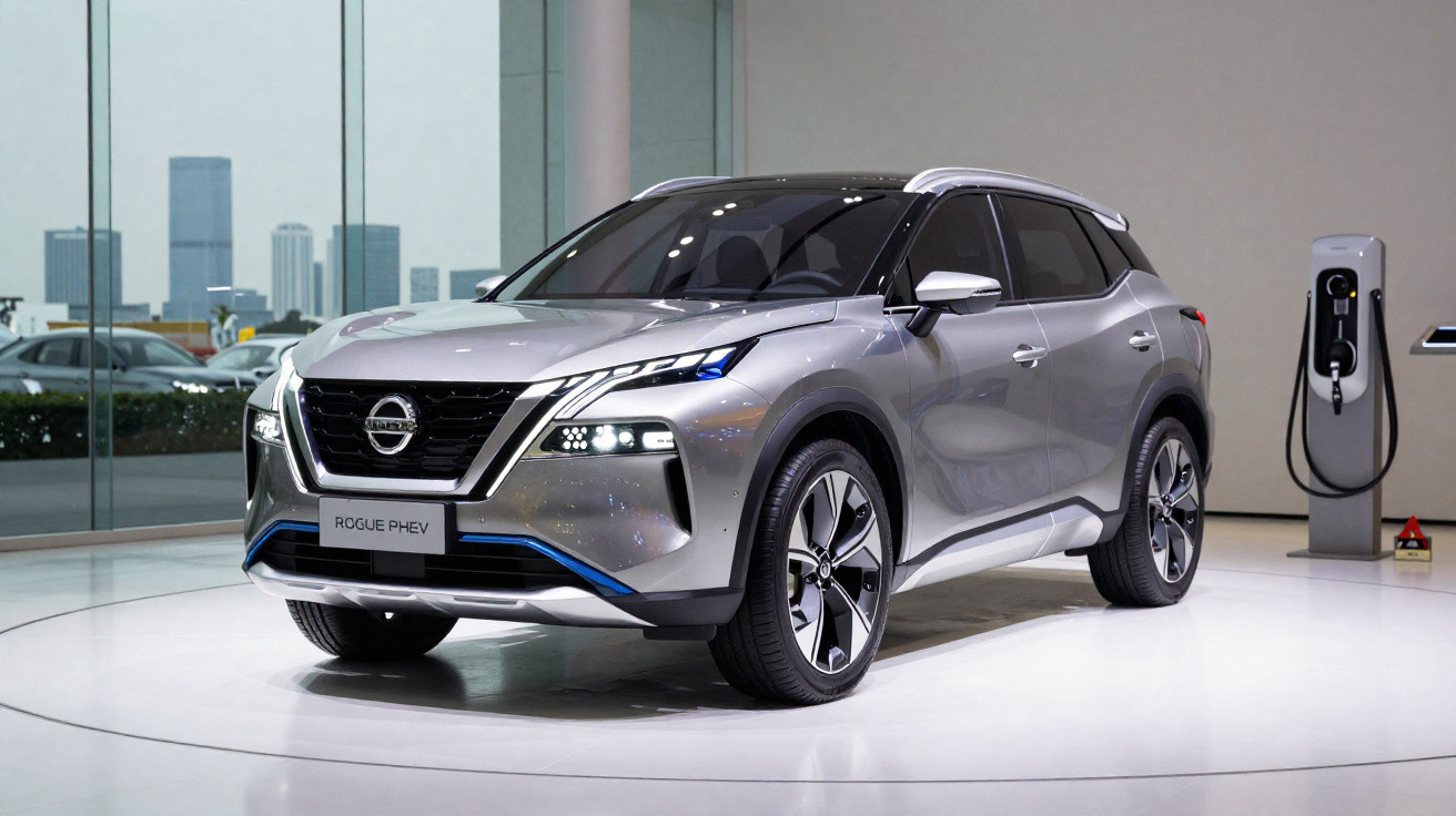 Carro SUV Nissan Rogue PHEV prata exibido em showroom moderno com estação de recarga elétrica ao lado.