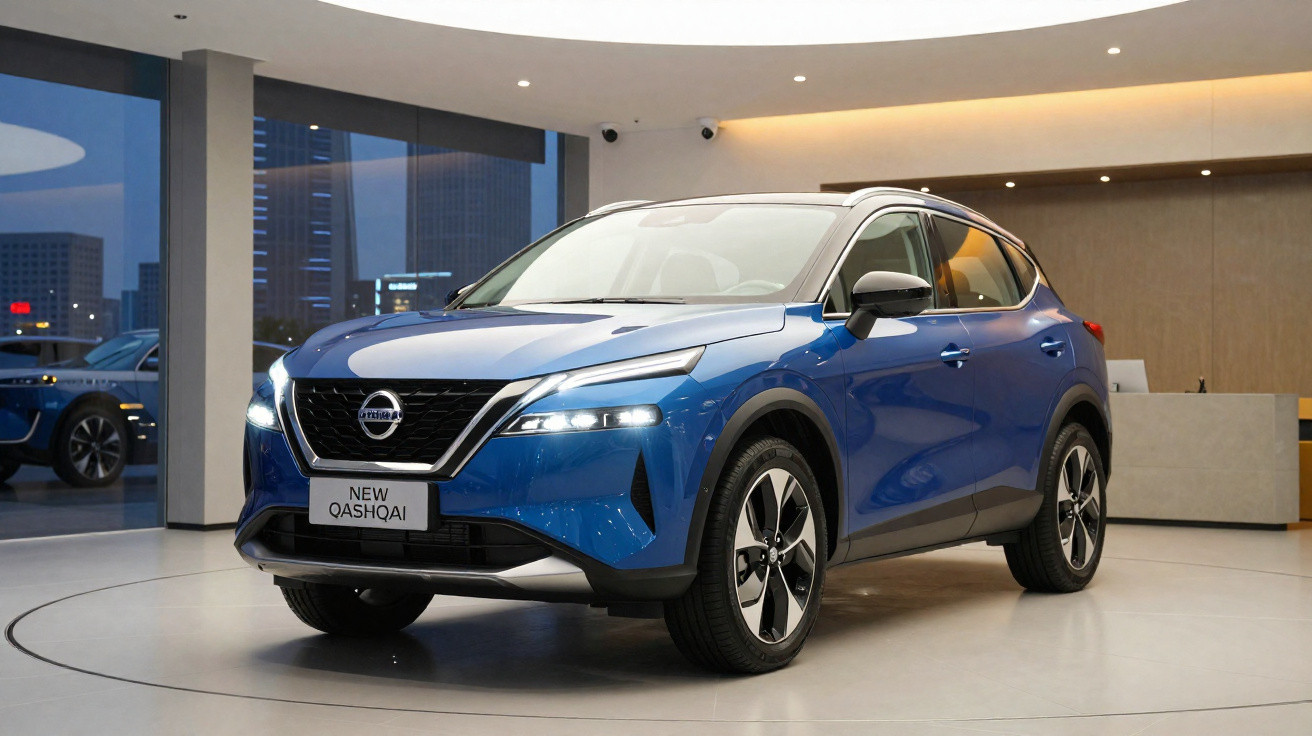 SUV Nissan New Qashqai azul em exposição interna com luzes dianteiras acesas.