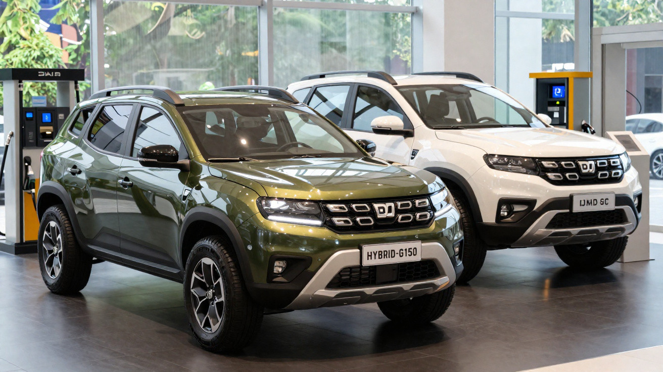 Dois SUVs da marca JMD, um verde modelo Hybrid-G150 e um branco modelo JMD 6C, exibidos em showroom moderno.