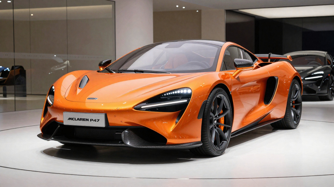 Carro esportivo McLaren P47 laranja exposto em ambiente moderno com iluminação branca.