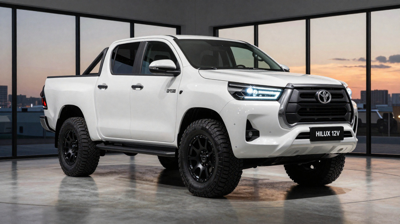 Picape Toyota Hilux 12V branca estacionada em ambiente interno com grandes janelas ao pôr do sol.