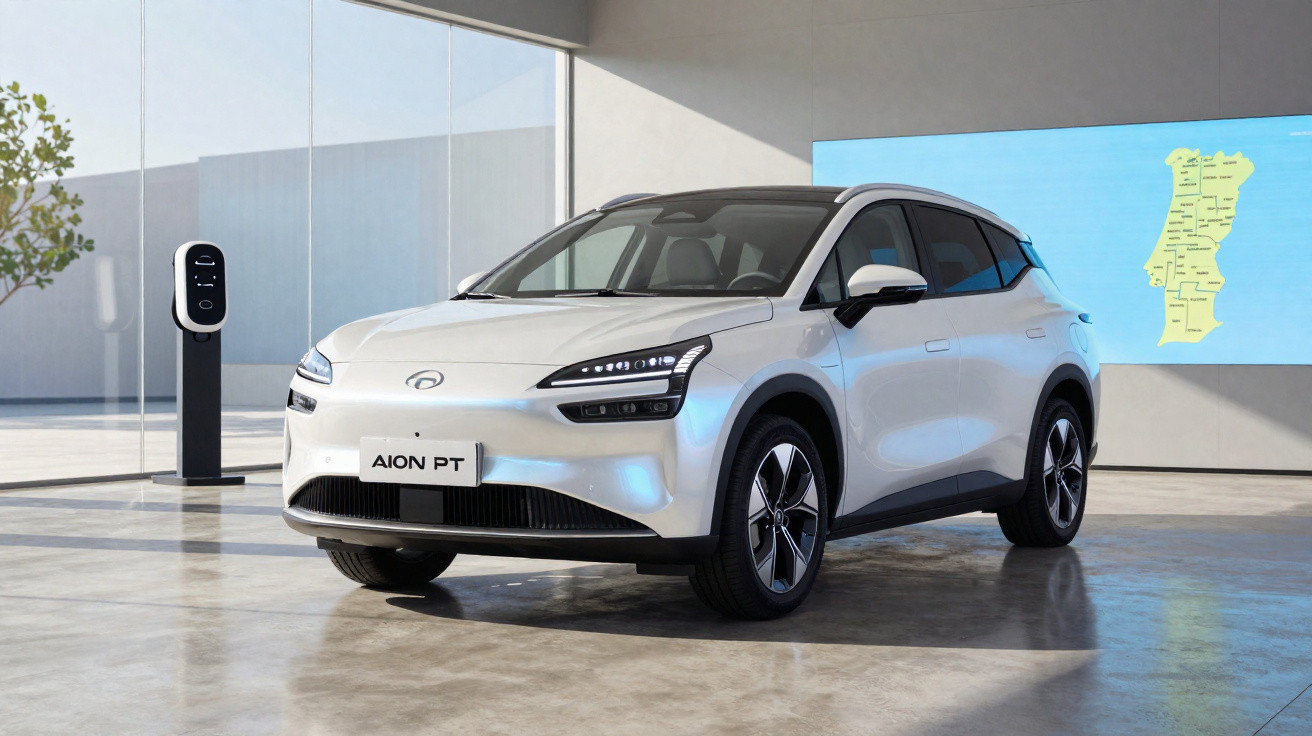 Carro elétrico branco estacionado em showroom, com estação de recarga e mapa de Portugal ao fundo.
