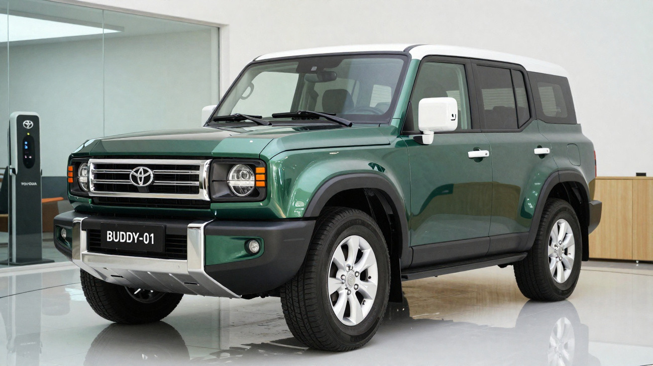Carro SUV Toyota Buddy-01 verde com teto branco estacionado em ambiente interno moderno.