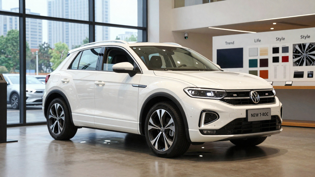 Carro branco Volkswagen New T-Roc exposto em showroom com janelas grandes ao fundo.