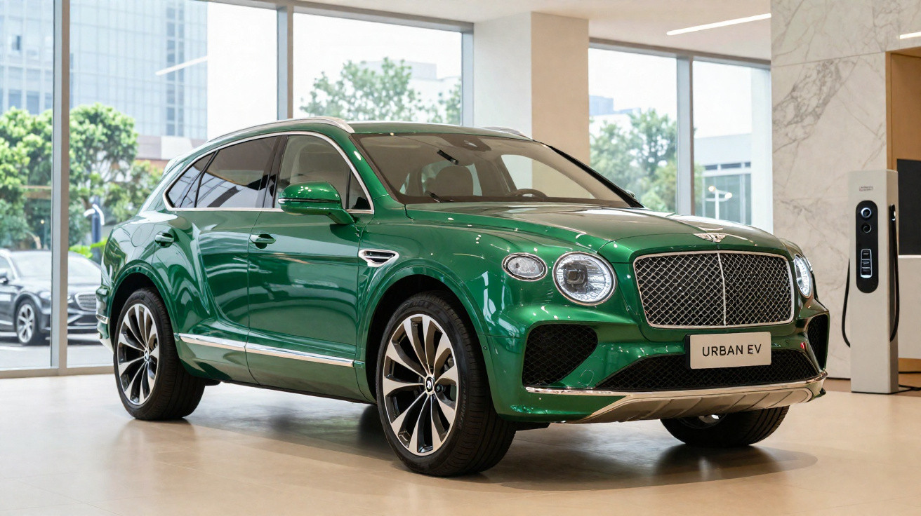 Carro elétrico SUV verde Bentley Urban EV em showroom moderno com parede de vidro e estação de recarga.