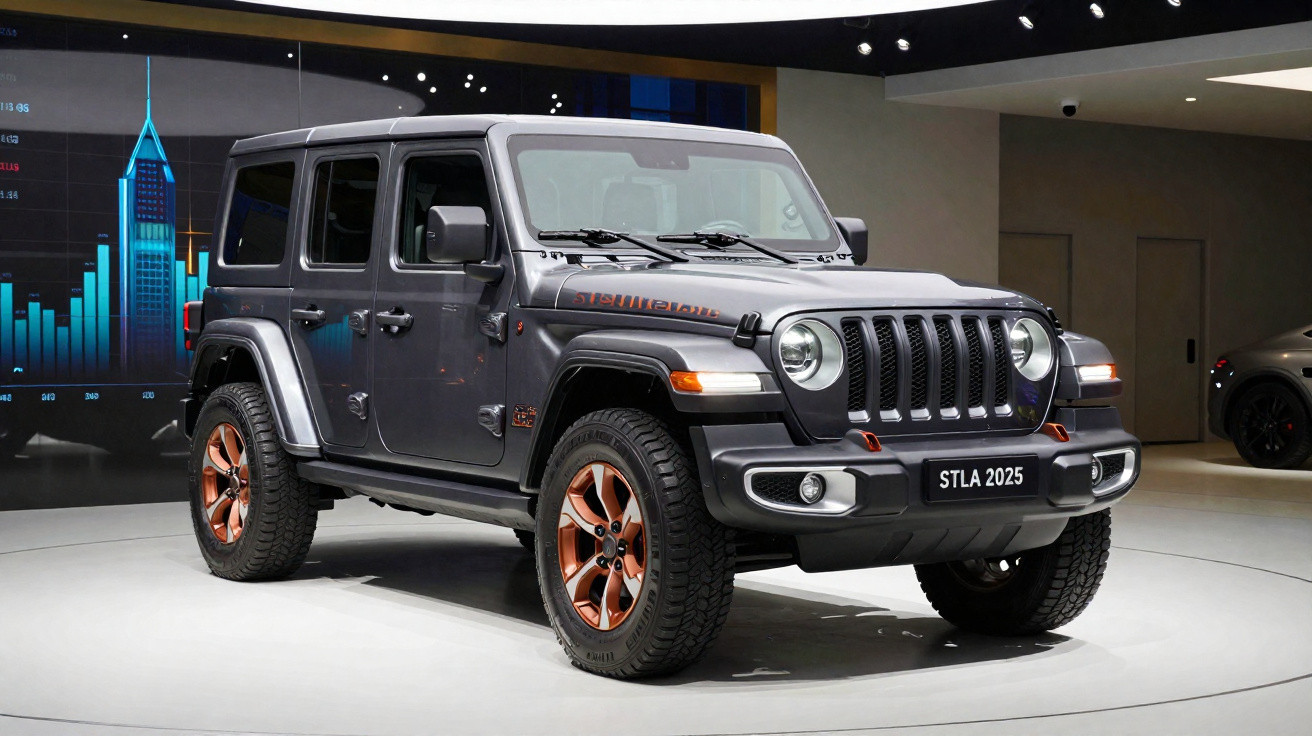 Jeep Wrangler cinza com rodas bronze exposto em estande de automóvel moderno.