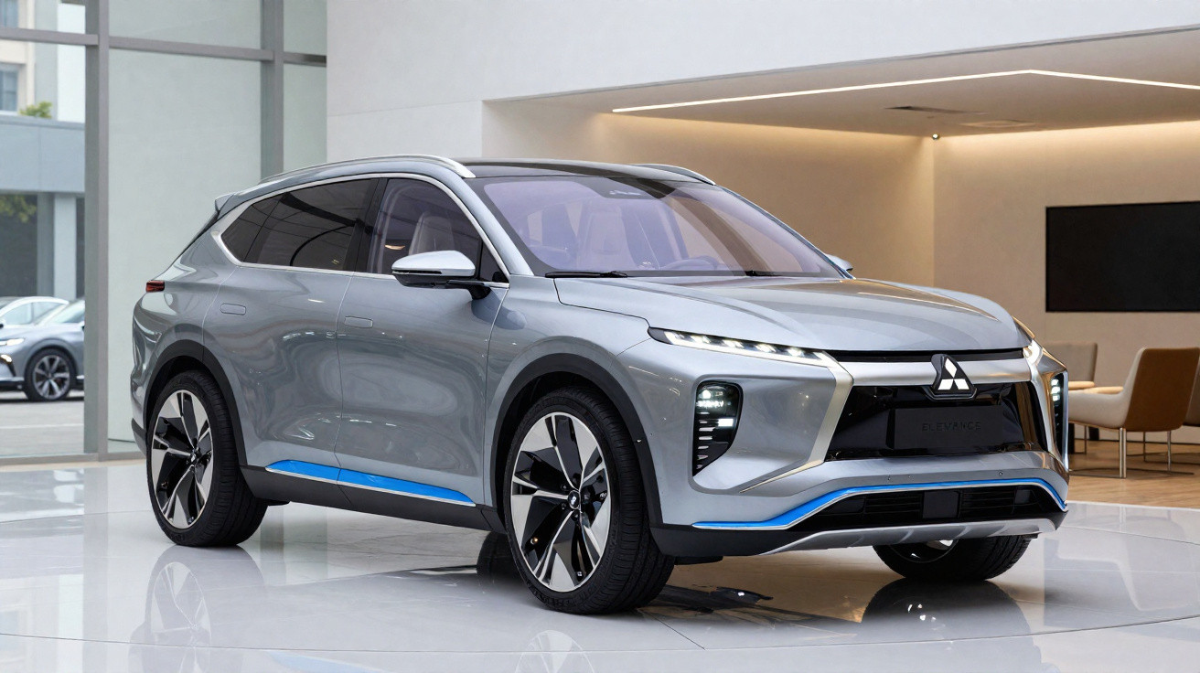 SUV elétrico cinza da Mitsubishi em showroom moderno com detalhes em azul e rodas esportivas.