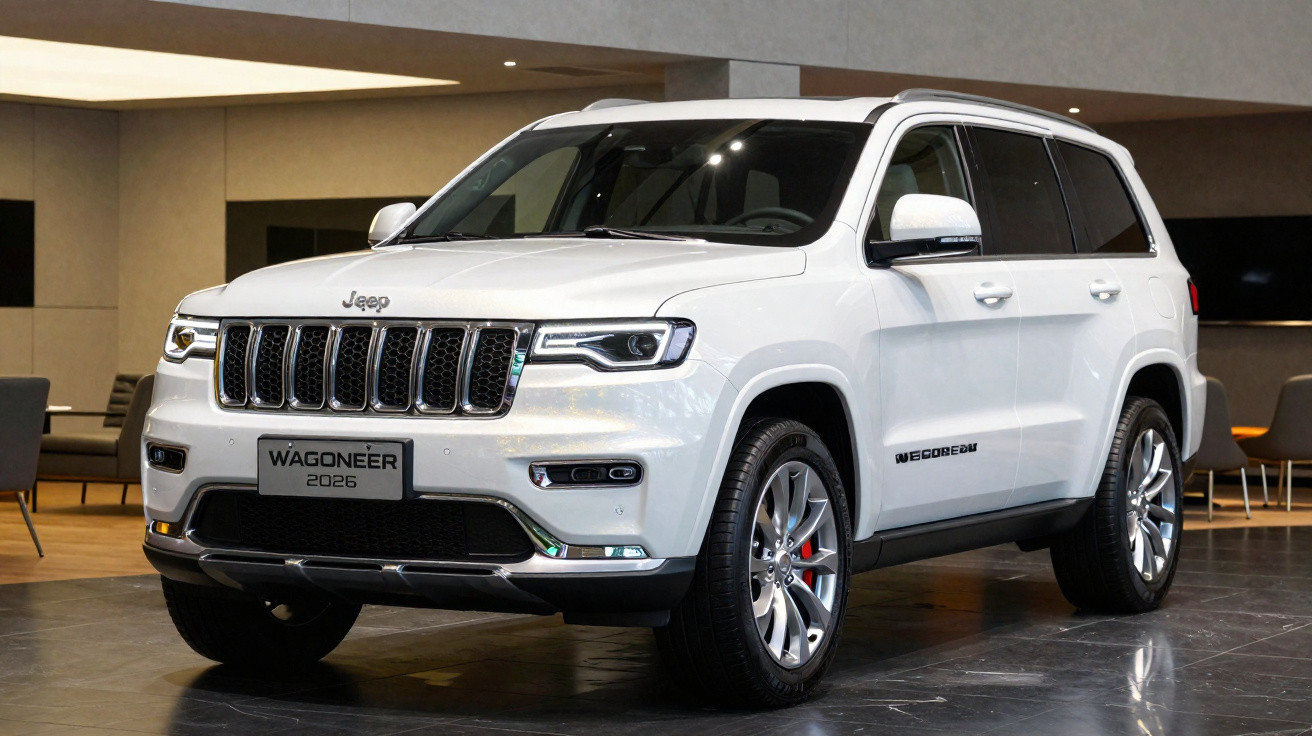 SUV branco Jeep Wagoneer 2026 exibido em showroom moderno com piso refletivo e móveis ao fundo.