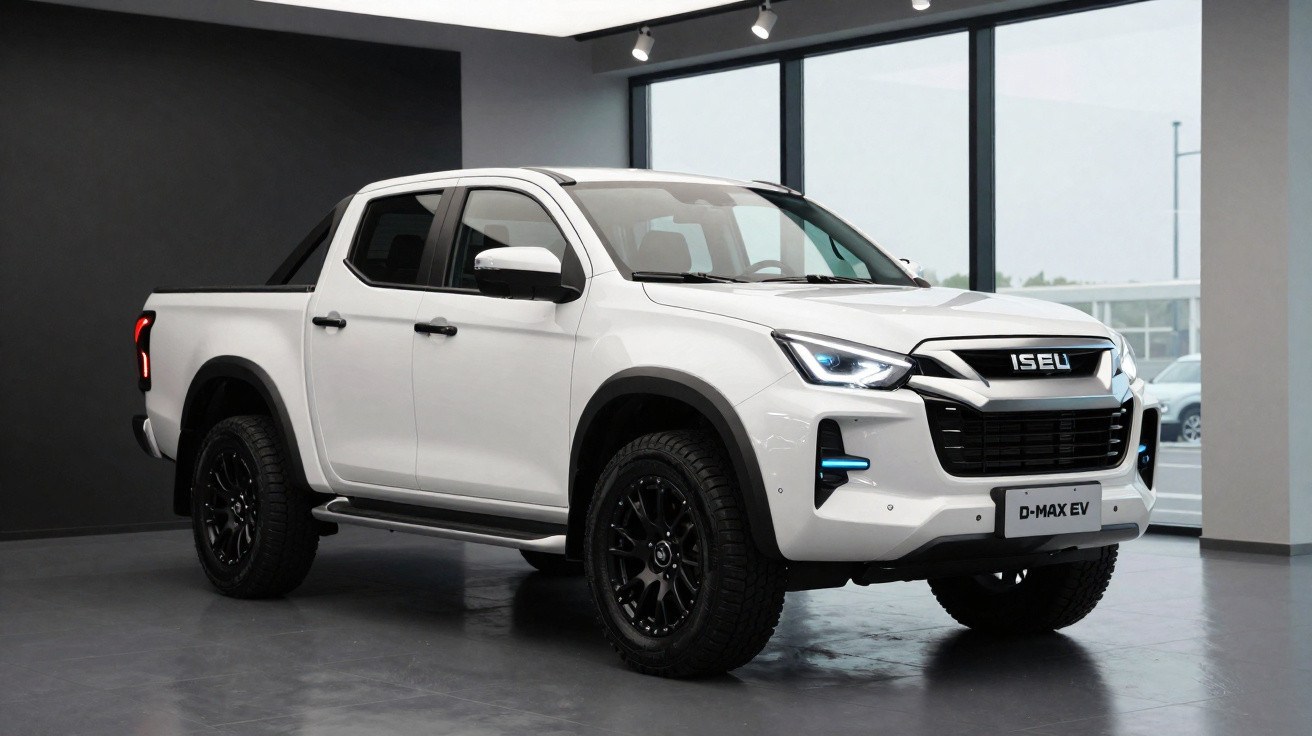 Picape elétrica branca Isel D-Max EV em ambiente interno com rodas pretas e iluminação moderna.