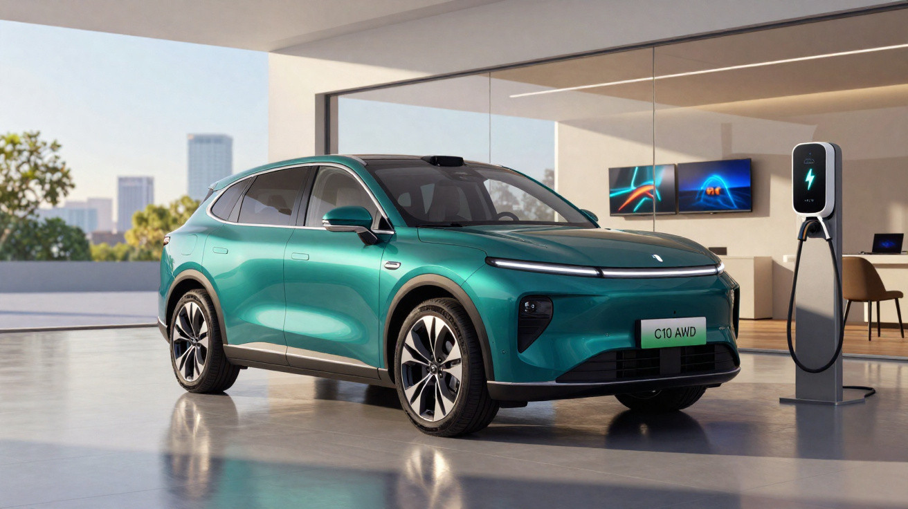 Carro elétrico verde C10 AWD estacionado em garagem moderna com estação de recarga ao lado.
