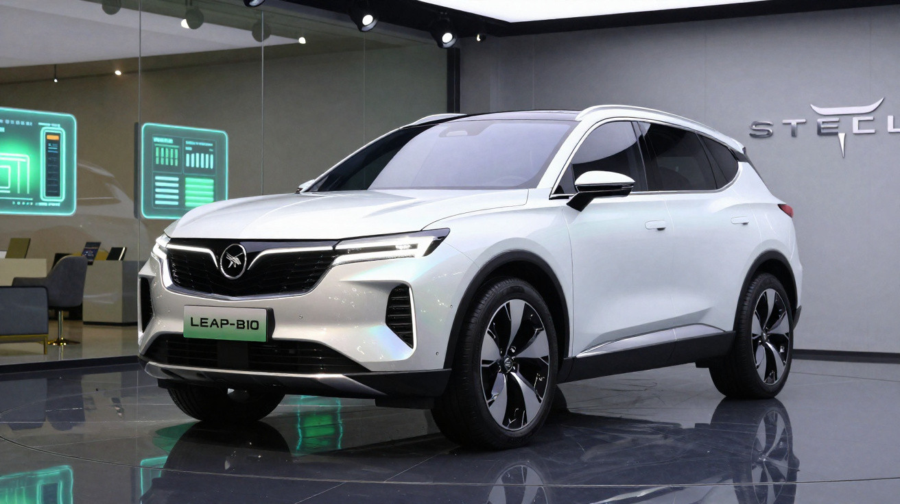 SUV elétrico branco Leap-Bio exposto em showroom moderno com piso refletivo e arquitetura minimalista.