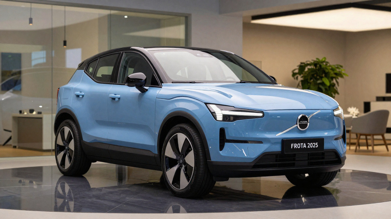 Carro SUV elétrico azul Volvo modelo 2025 exibido em ambiente interno moderno.