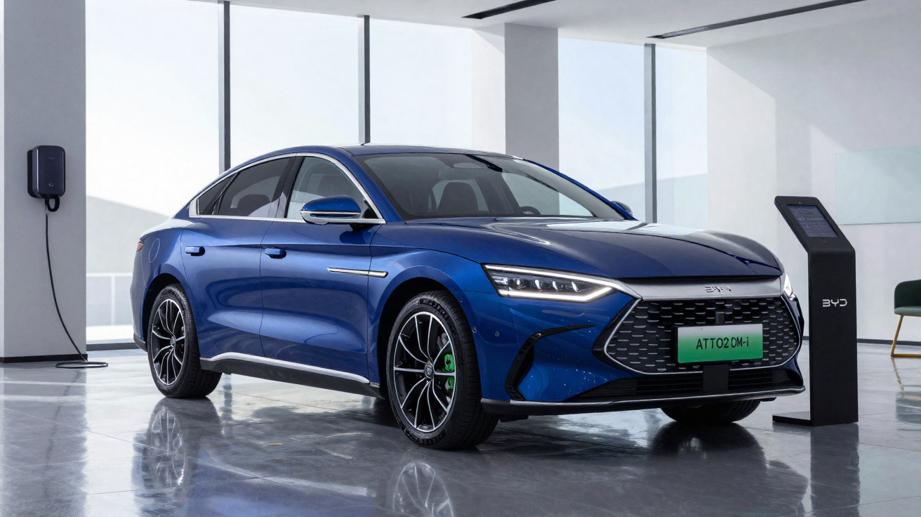 Carro elétrico azul estacionado em ambiente interno com carregador e display digital ao lado.