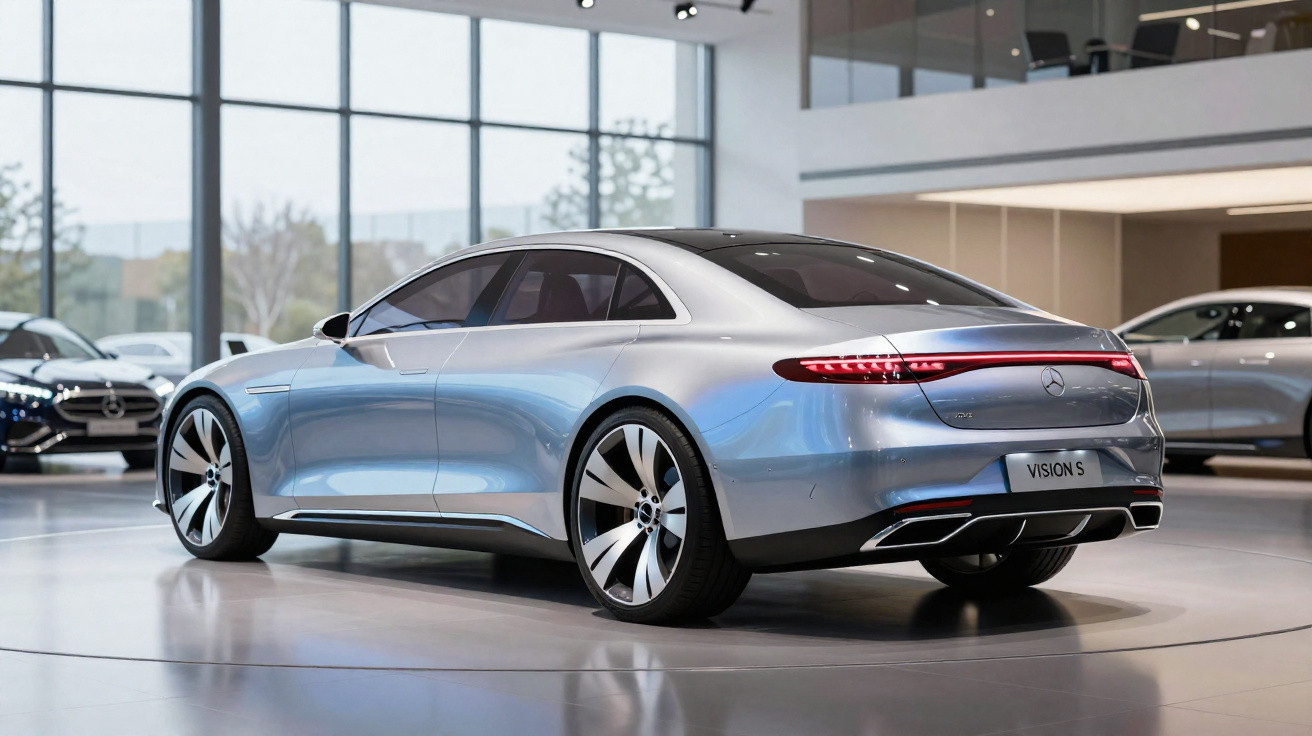 Carro elétrico Mercedes-Benz Vision S prata exibido em showroom moderno com janelas amplas.