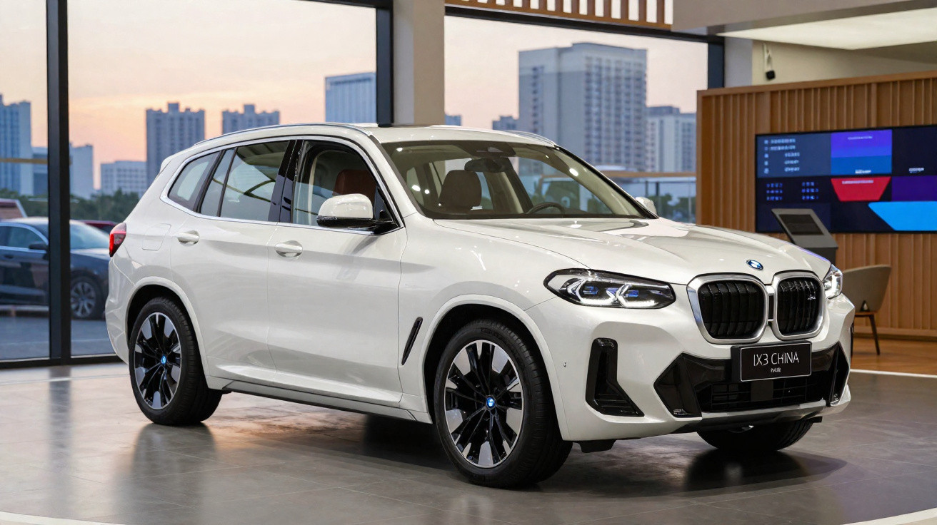 Carro SUV BMW iX3 branco exibido em ambiente interno com janelas grandes e prédios ao fundo.