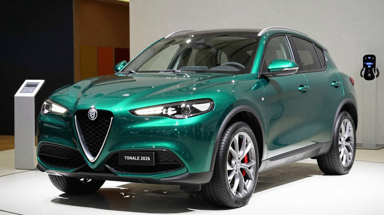 Carro SUV Alfa Romeo Tonale 2026 verde em exposição em ambiente interno com estação de carregamento ao fundo.