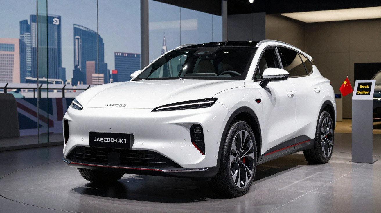 Carro elétrico branco Jaecoo UK1 exposto em ambiente interno com fundo de prédios urbanos.