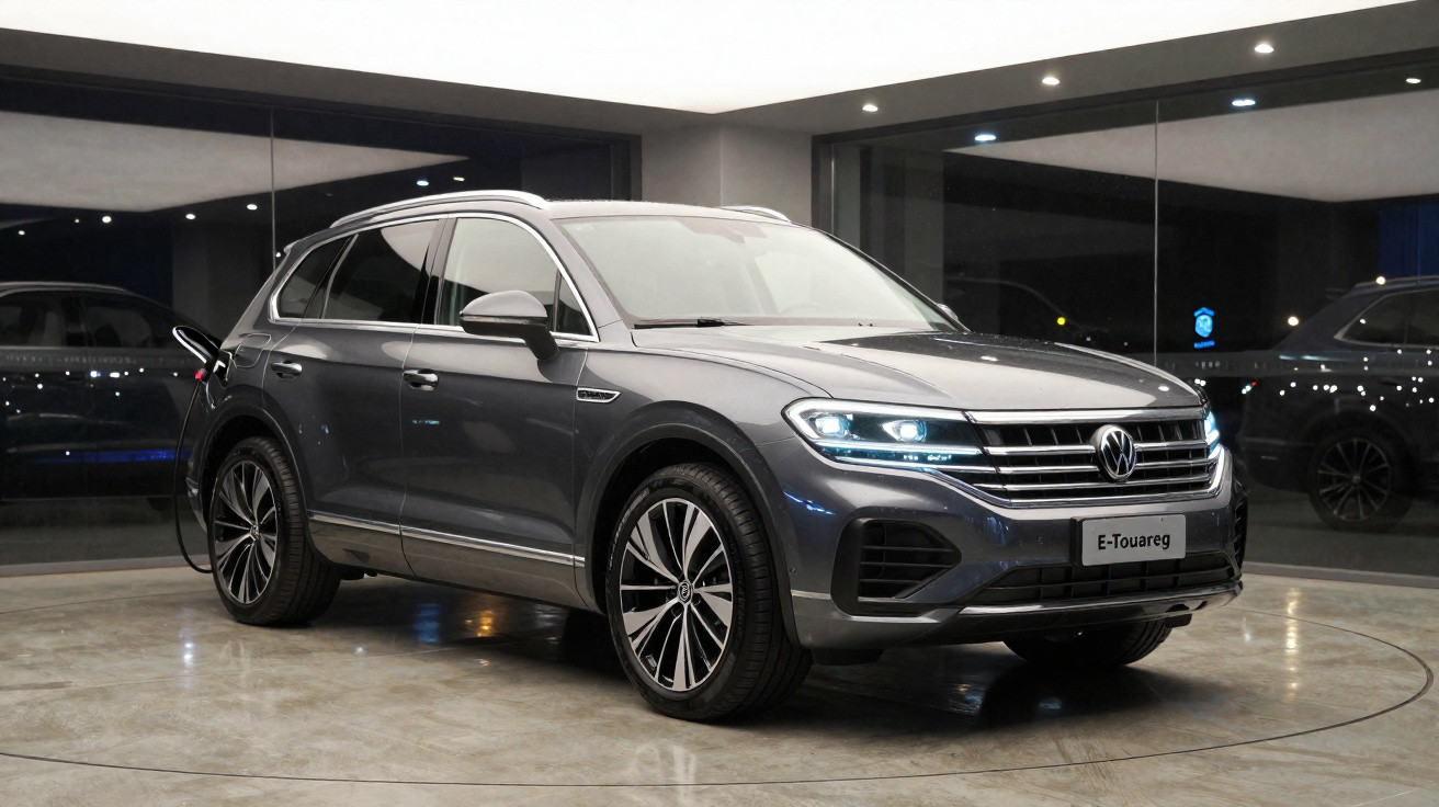 Carro elétrico Volkswagen E-Touareg cinza estacionado em showroom com luzes acesas.