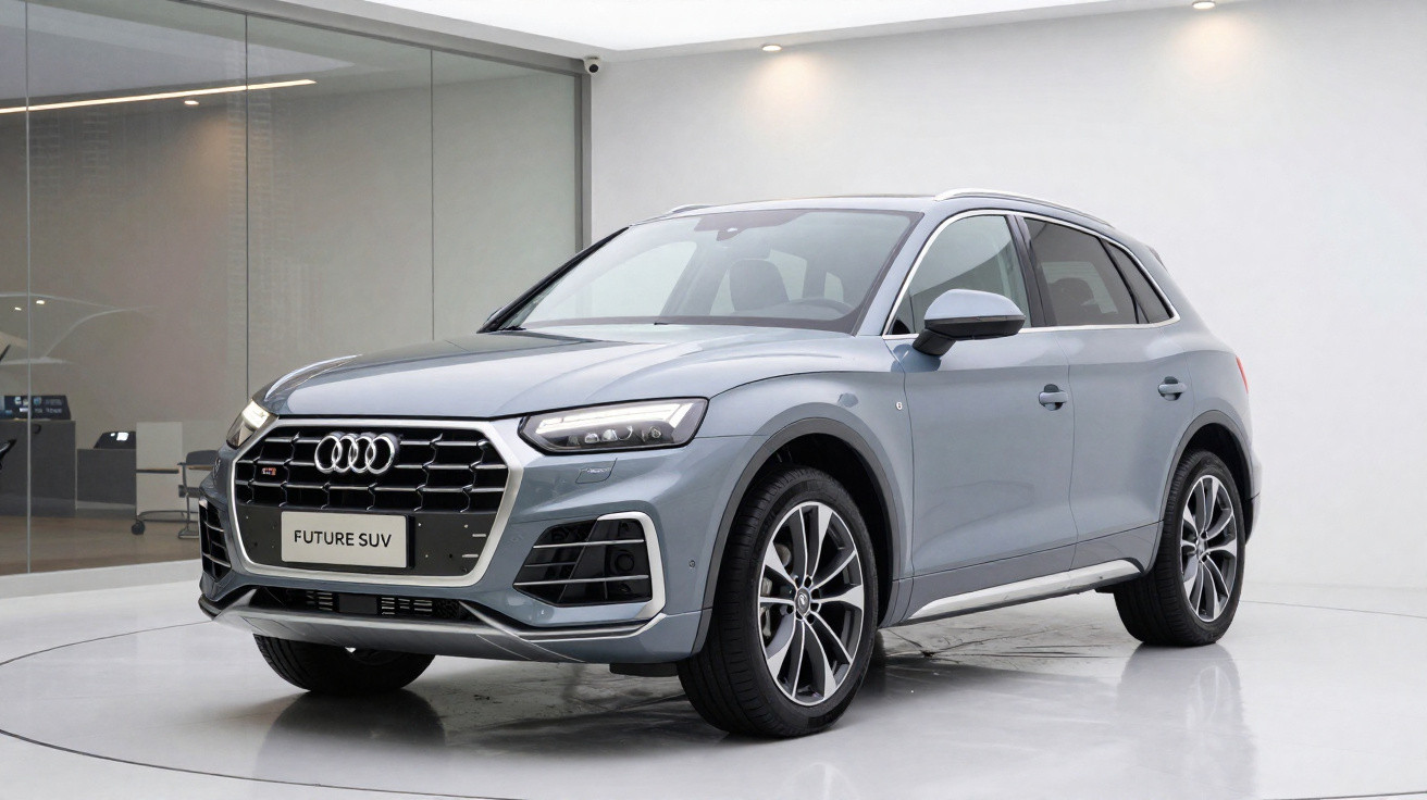 SUV Audi prata em ambiente interno com parede branca e vidro ao fundo.