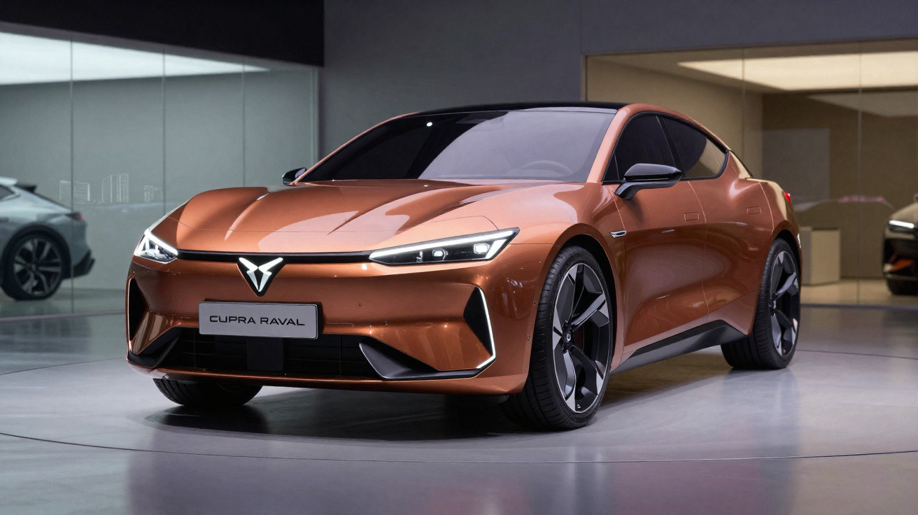 Carro esportivo cupra raval na cor cobre exposto em showroom moderno e iluminado.
