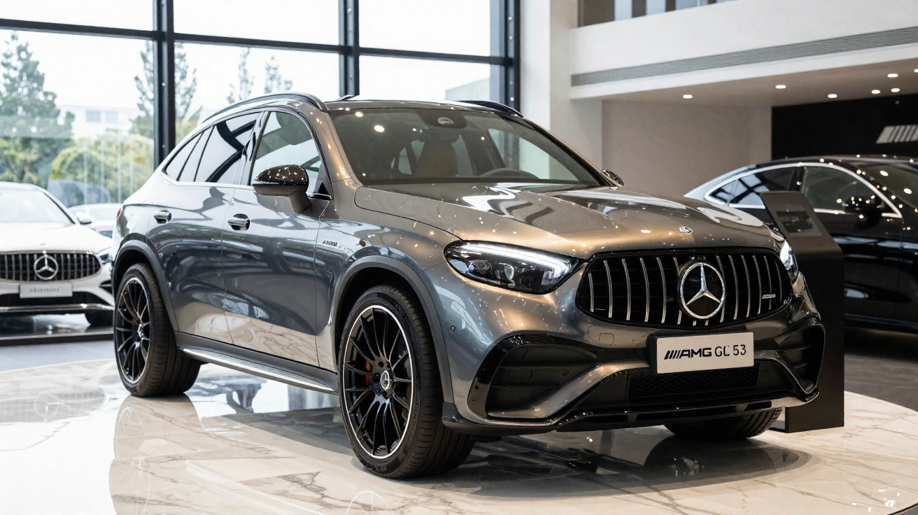 Carro cinza Mercedes-Benz AMG GL 53 exibido em salão de automóveis com piso de mármore.
