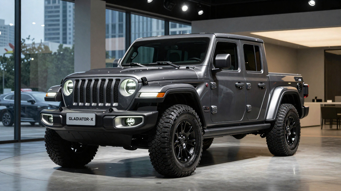 Jeep Gladiator-X cinza estacionado em showroom com rodas pretas e pneus off-road.