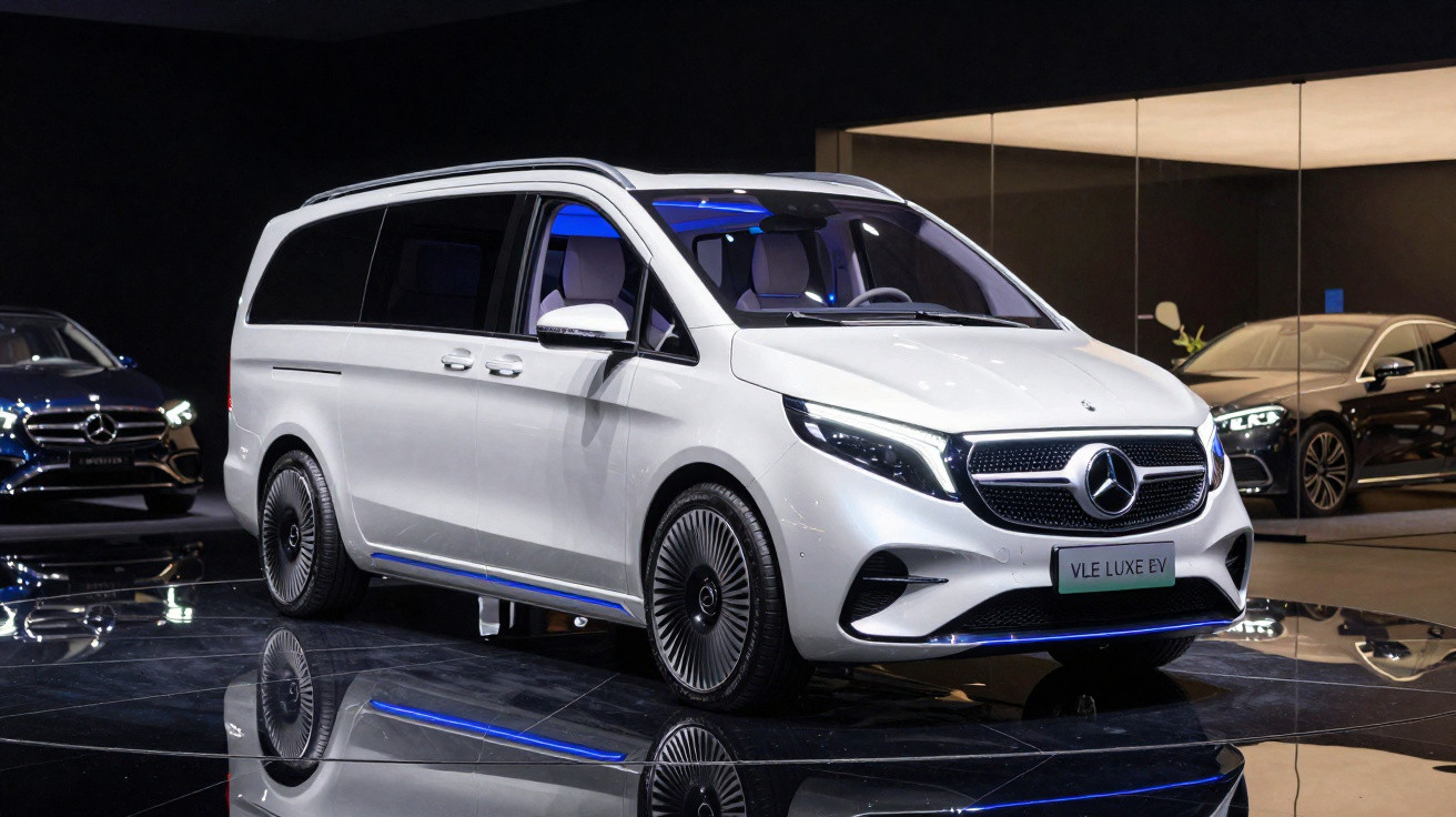 Van elétrica branca Mercedes-Benz VLE LUXE EV em salão de carros com piso refletivo e iluminação ambiente azul.