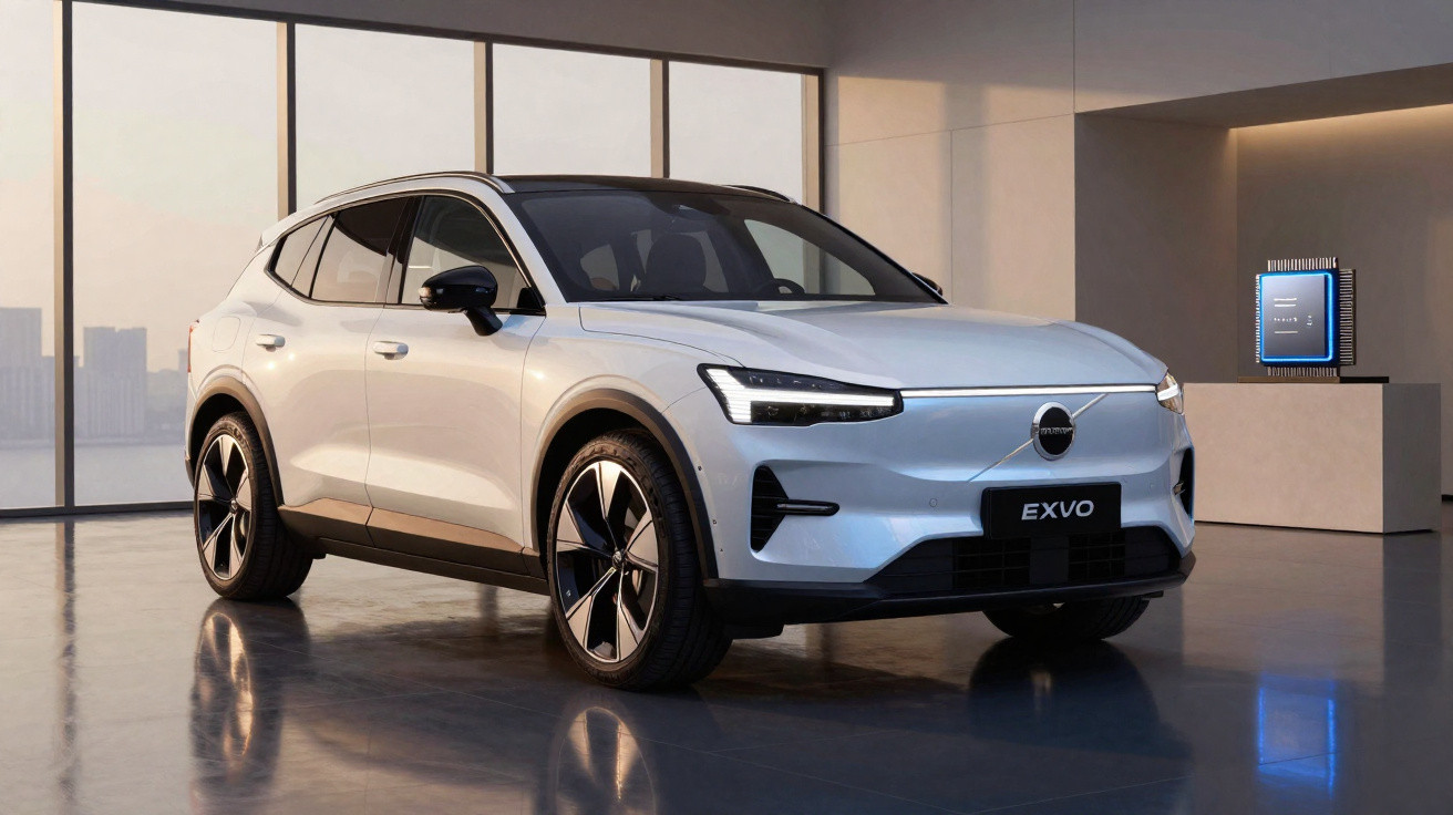 Carro elétrico Volvo EXVO branco estacionado em ambiente interno moderno com grandes janelas.